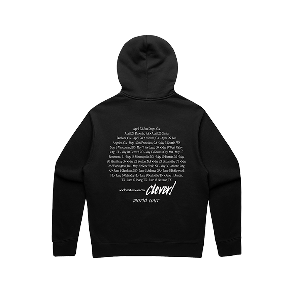 Black hoodie with Charlie Puth tour dates on the back 