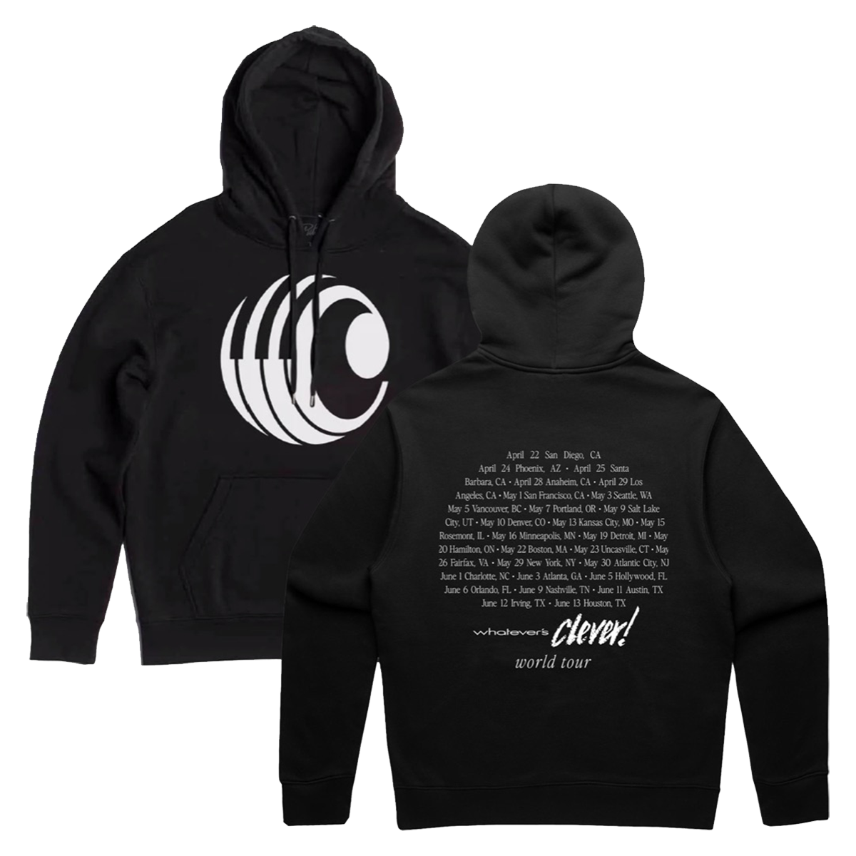 Black hoodie with Charlie Puth logo on front and tour dates text on back