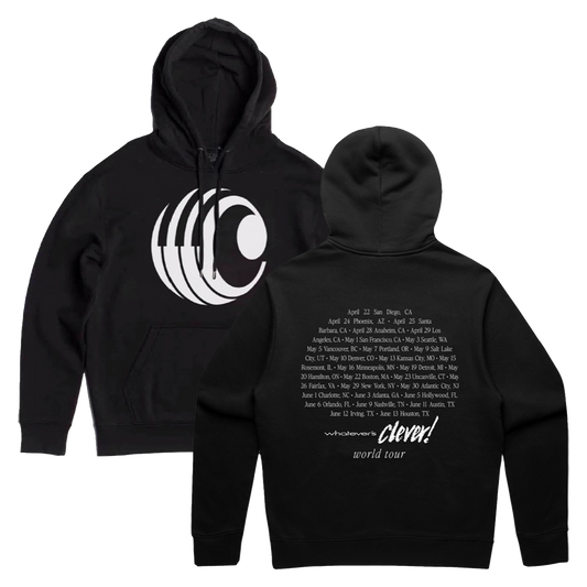 Black hoodie with Charlie Puth logo on front and tour dates text on back