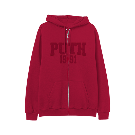 Red zip up hoodie with PUTH 1991 text 